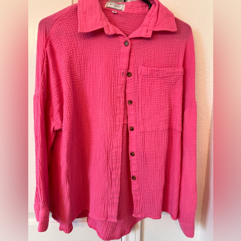Hot pink long sleeve button down, like new, used once!